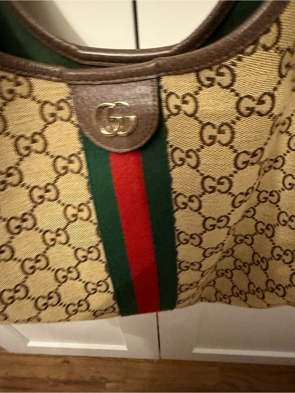 Gucci Giglio Beige GG Canvas Tote with Green and Red Web Stripe Large sz.used 1x - Picture 2 of 5